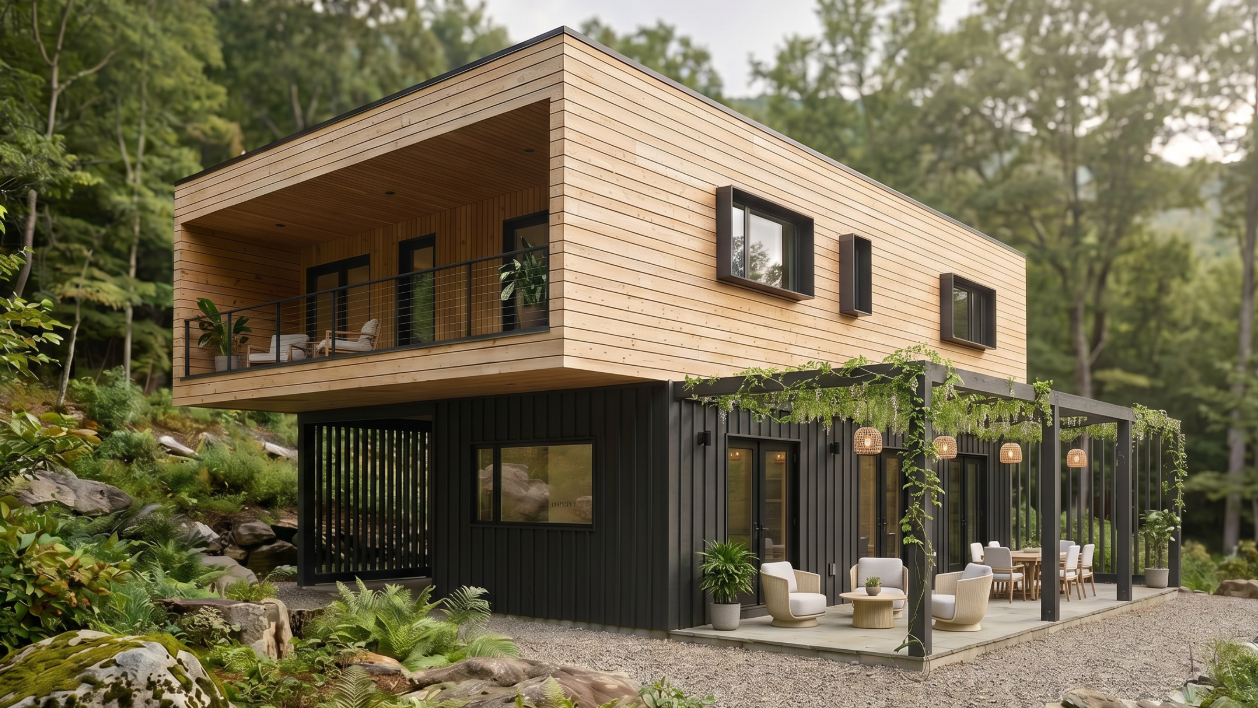 Architectural rendering of a modern house with wooden exterior and black accents in a Blue Ridge Mountain forest setting
