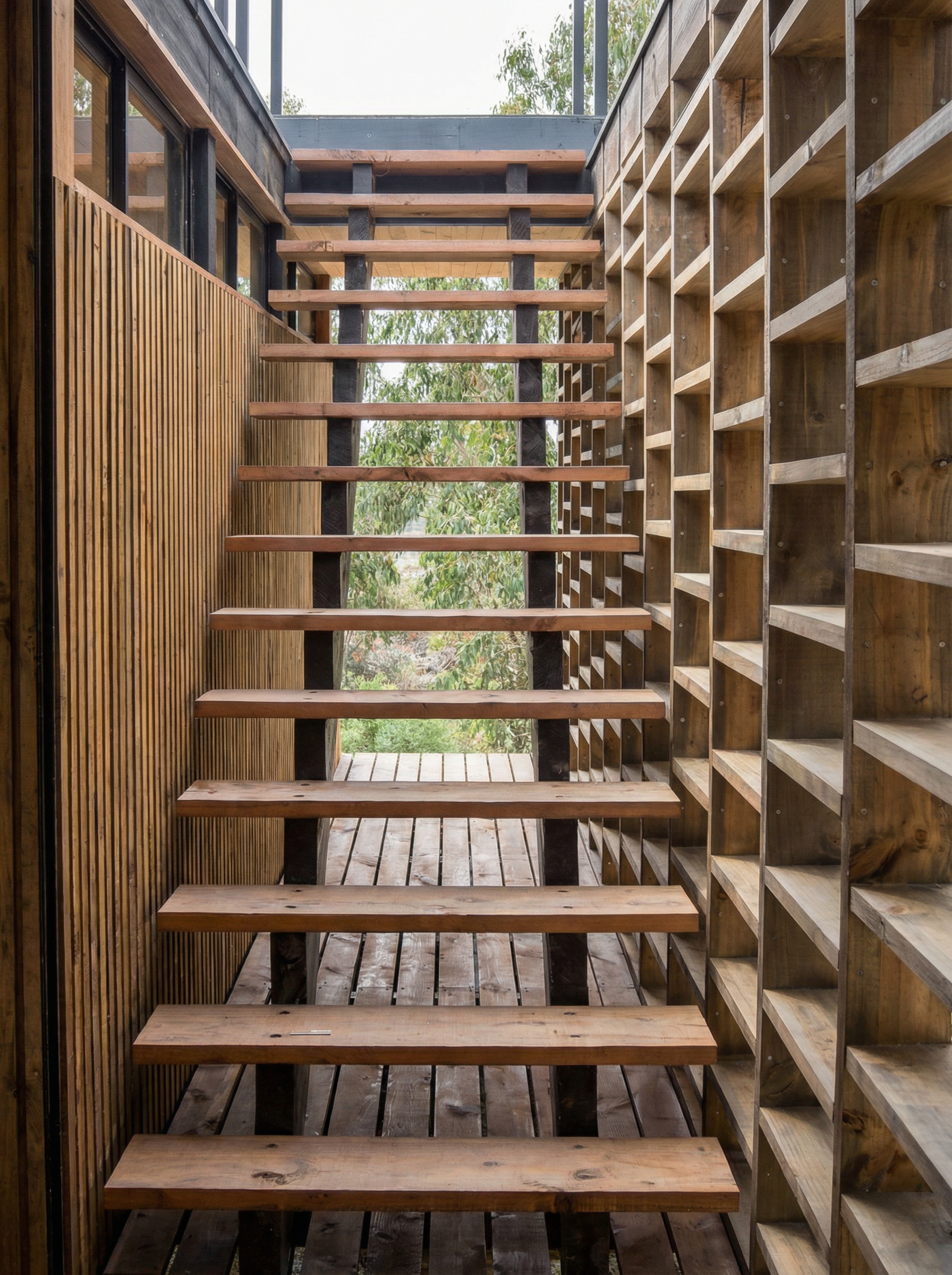 A wood screen is a biophilic design element that allows natural light to filter into transitional spaces.