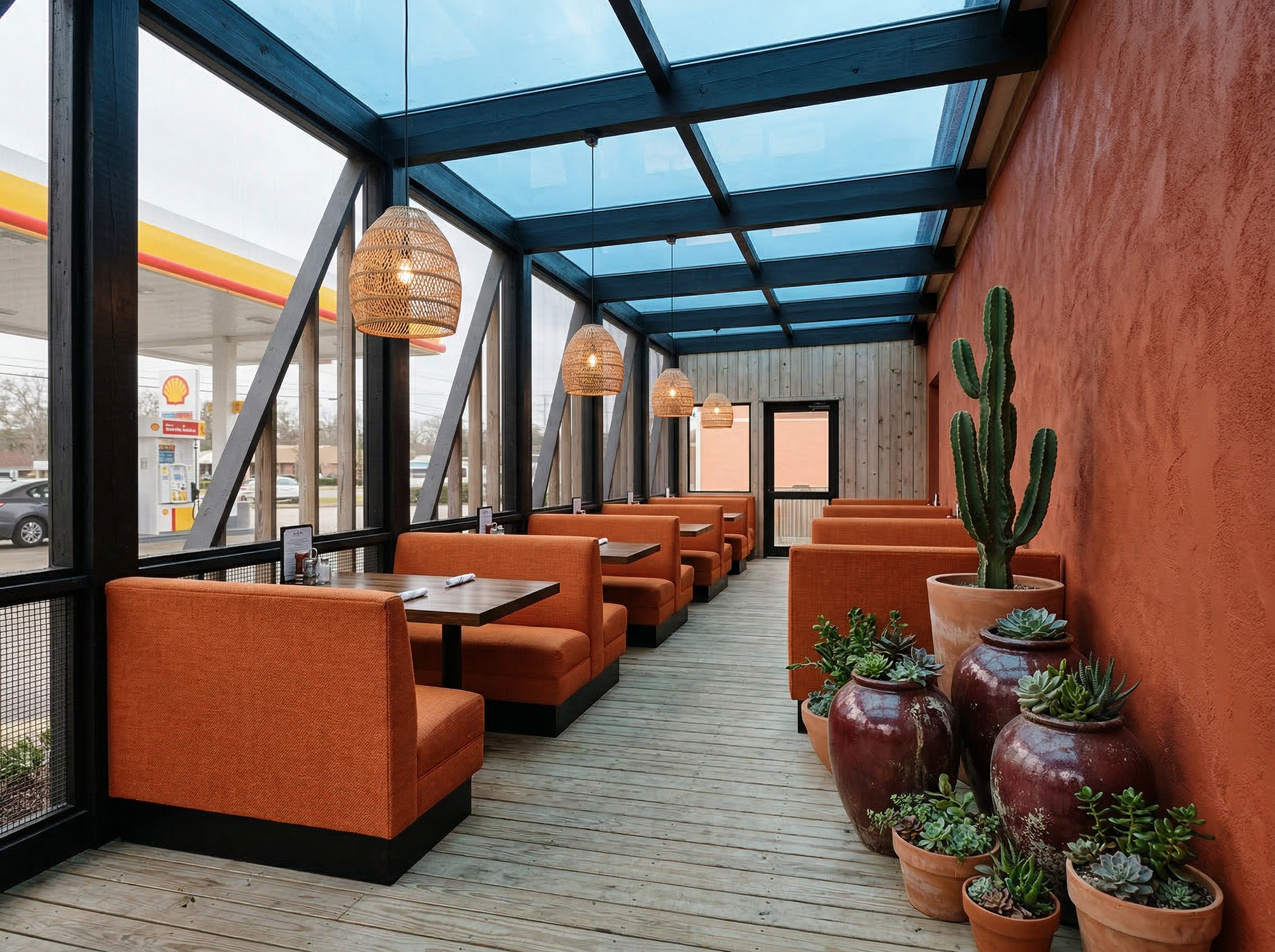 modern restaurant addition in Asheville. wood floor, natural materials
