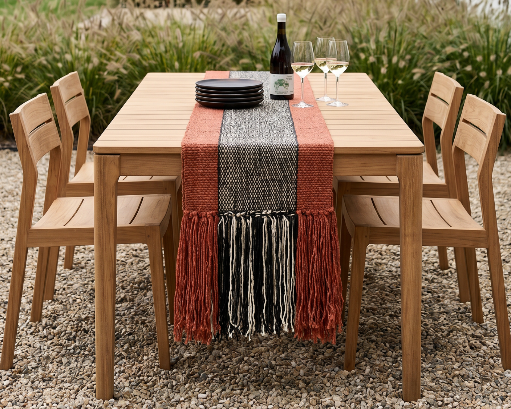 Ethnicraft outdoor dining set with a red and black wool table runner.